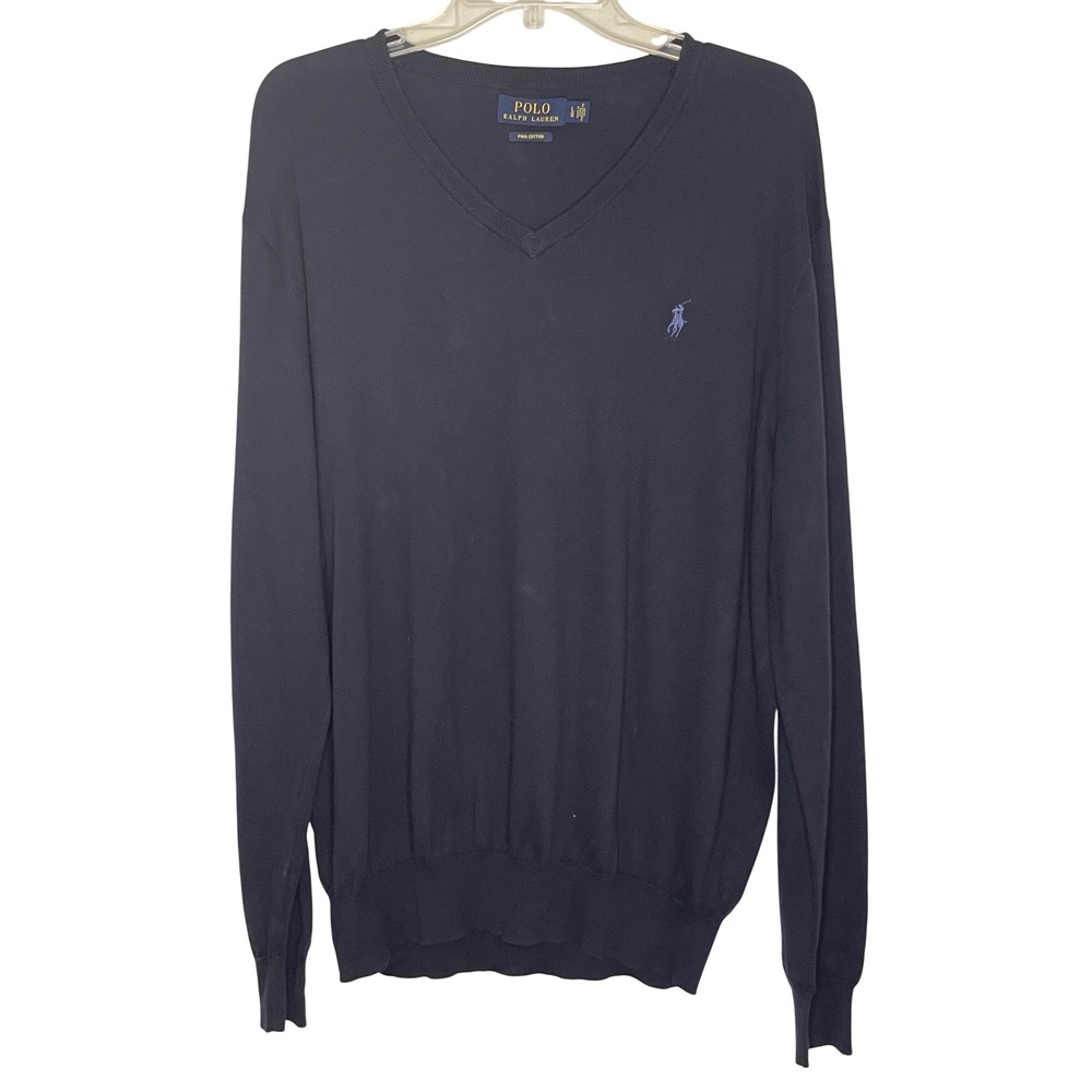 Polo Ralph Lauren Mens Pima Cotton V-Neck Sweater Navy Blue Large LG 180/100A
